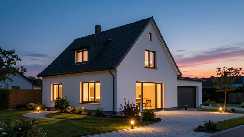 Gepflegtes deutsches Einfamilienhaus mit Ziegeldach im warmen Nachmittonslicht, persönliche Beratung für Hausbesitzer.