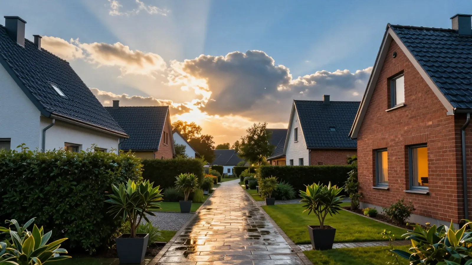 Wohnstraße unter grauem Regenhimmel mit nassem Pflaster, Naturgefahren und Starkregen als unterschätztes Risiko.