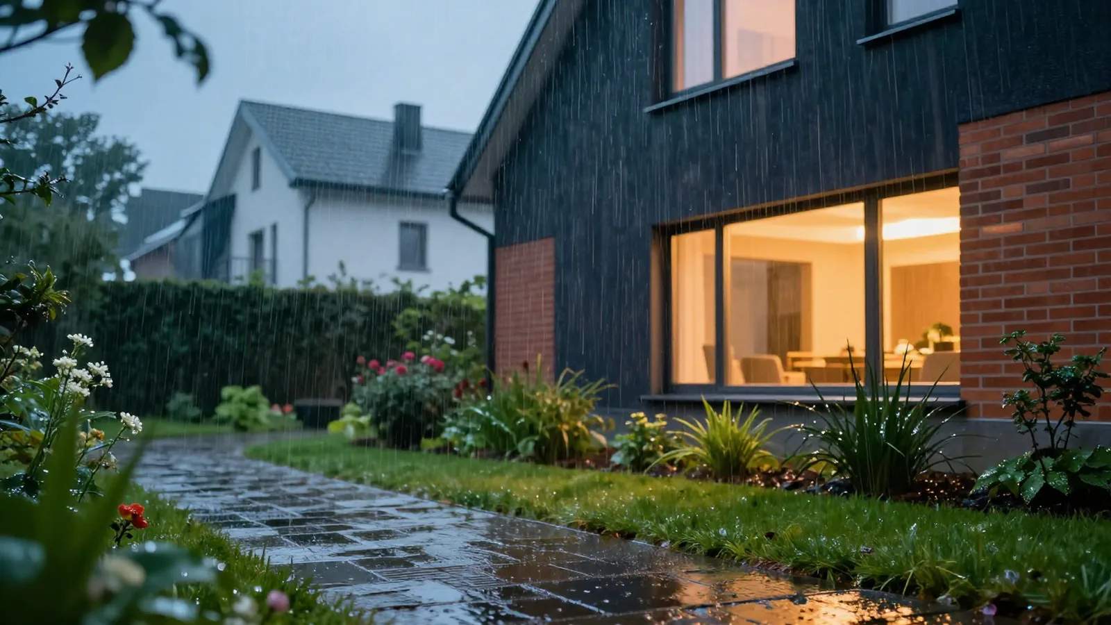 Starkregen auf Einfahrt und Garten eines Wohnhauses, Wasser staut sich am Fundament, Elementarschaden und Naturgefahrenrisiko.