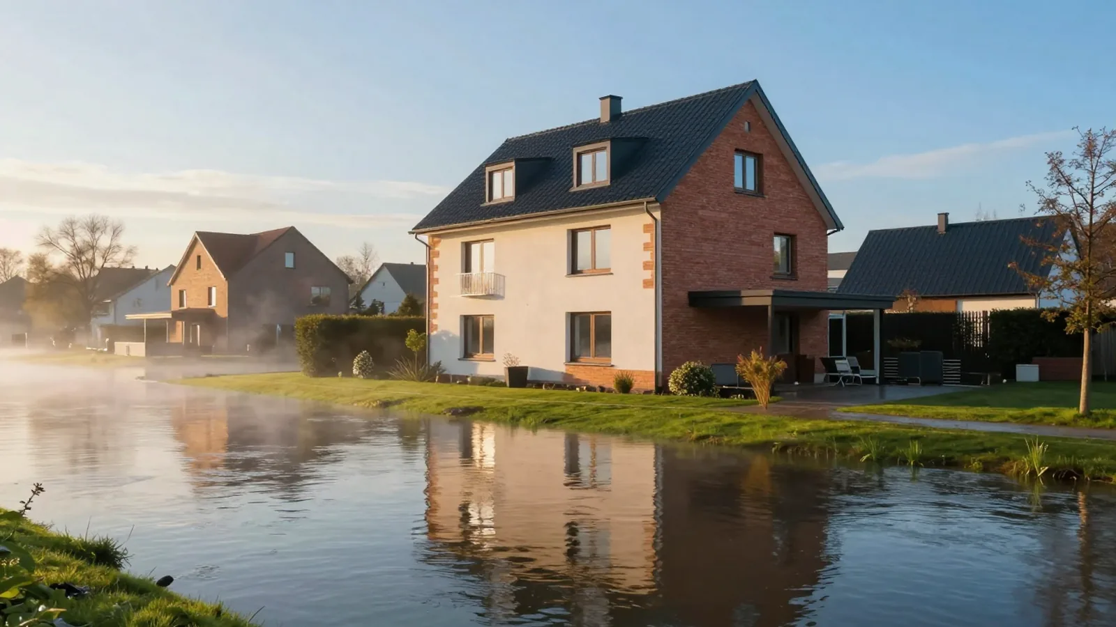 Wohnhaus am Fluss, flaches Hochwasser reicht bis an die Eingangsstufen, Hochwasser und Überschwemmungsrisiko.