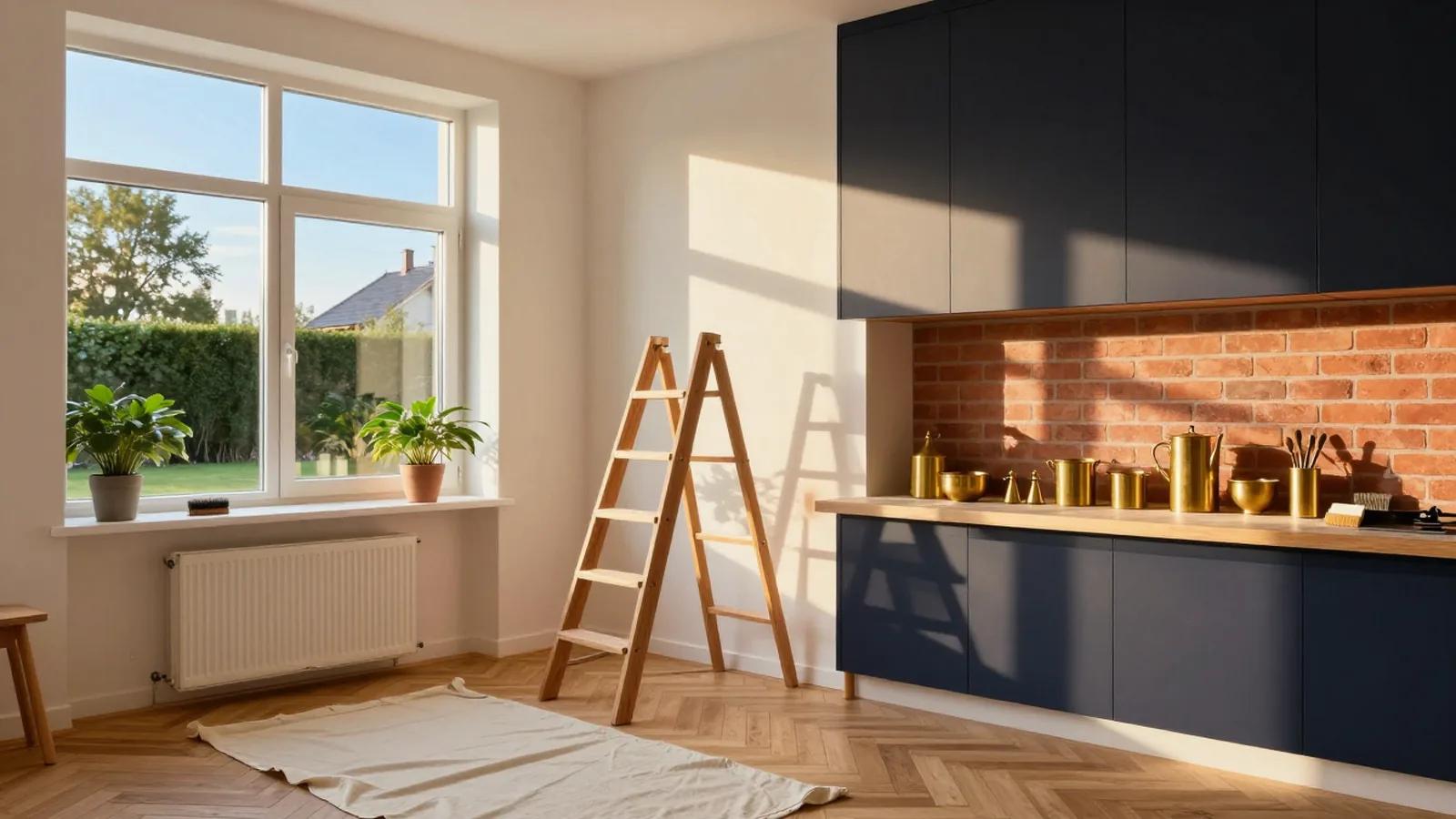 Hausinneres während der Sanierung mit frisch verputzten Wänden, Leiter und Werkzeug, Modernisierung steigert den Wert.
