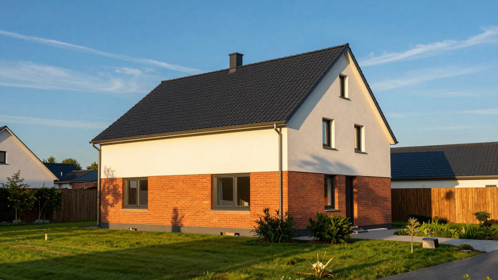 Solides deutsches Einfamilienhaus in der Drei-Viertel-Ansicht bei klarem Tageslicht, das Gebäude als Kernwert.